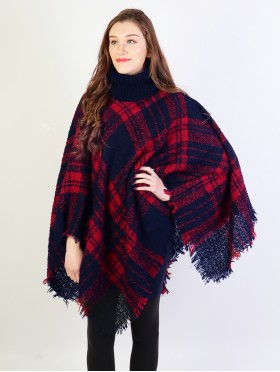 Loose Neck Poncho W/ Plaid